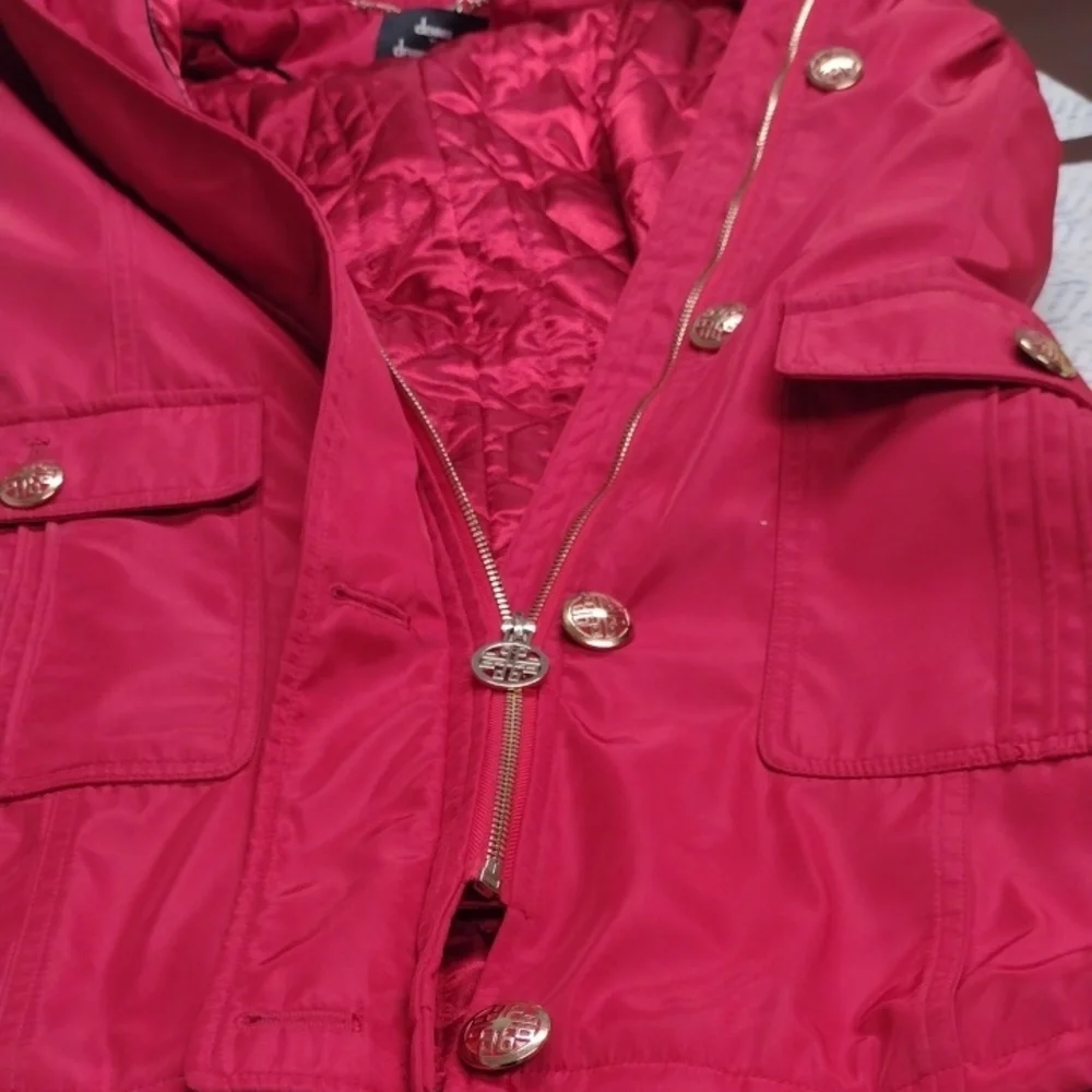 Dennis Basso Red Hooded Puffer Coat with Fur Trim - Picture 16 of 16